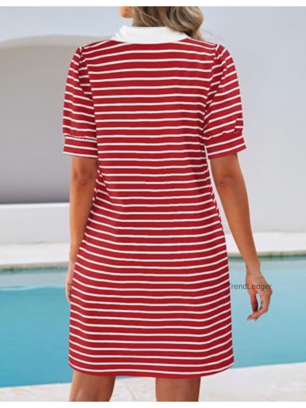 Ribbed Knit Striped V-Neck Mini Dress Puff Short Sleeve A-Line Casual - Picture 3 of 6
